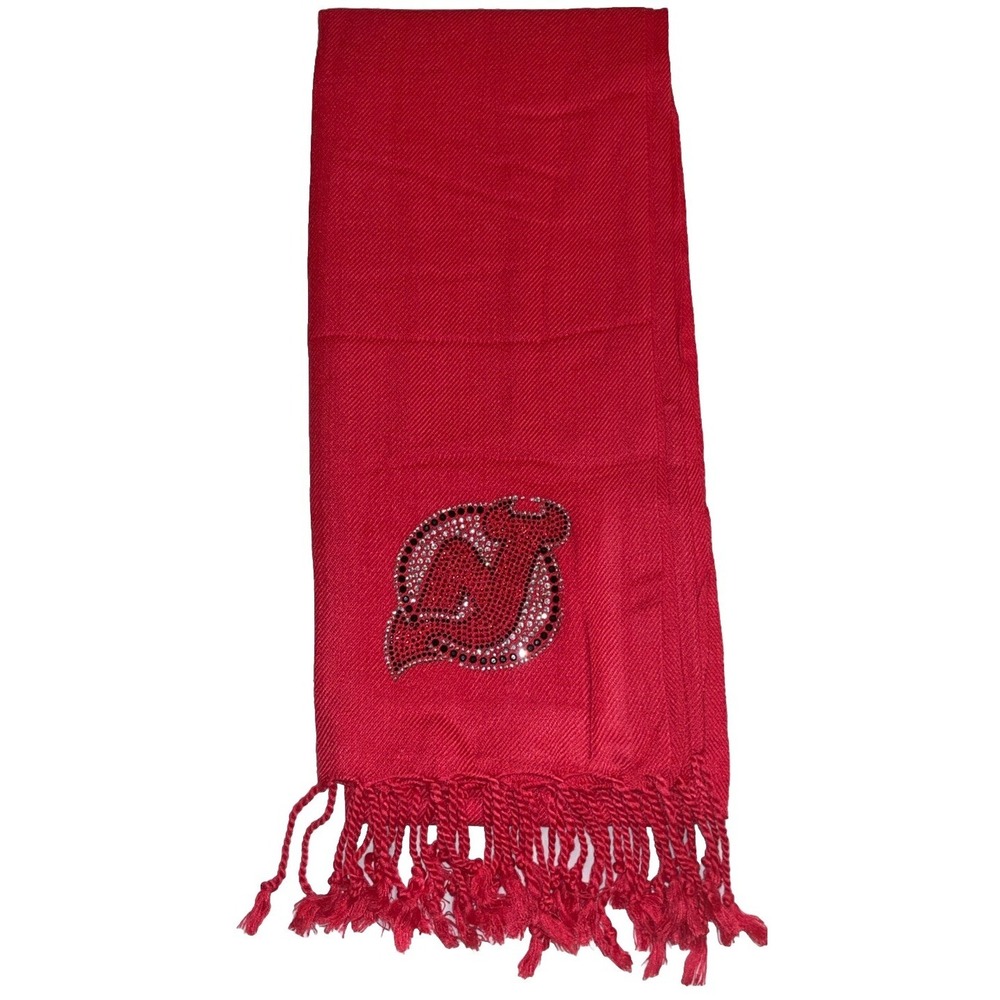 New Jersey Devils NHL Rhinestone Logo Scarf Red Little Earth Productions Fringe